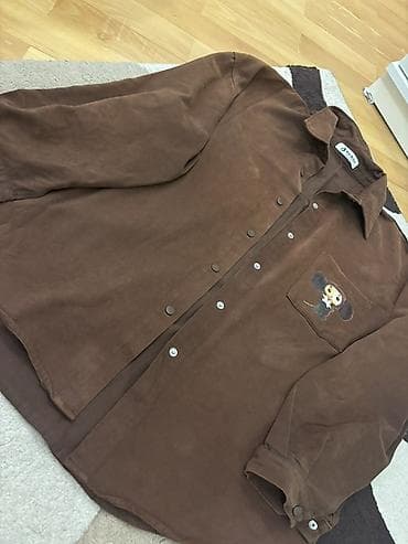 Kişi geyimləri: Qəhvəyi rəngli unisex şalvar-köynək (overshirt) – düyməli, döş cibində — 2