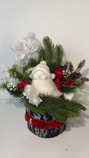 Ev üçün digər mallar: Yeni il dekoru – şam kompozisiyası - Qara-ağ “ağac qabığı” teksturalı — 1