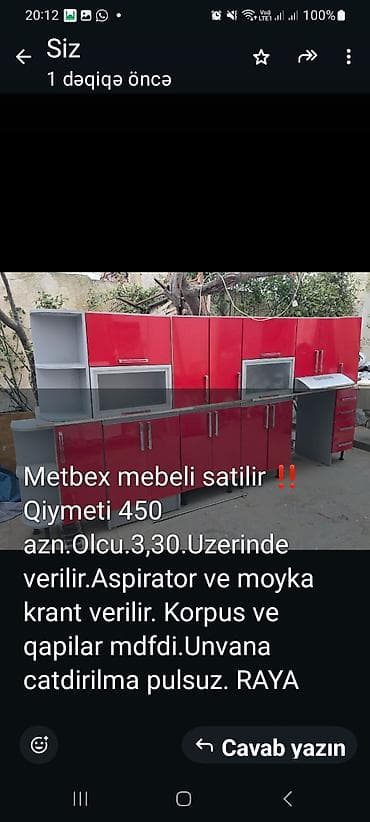 Mətbəx mebeli satılır. - Ölçü: 3,30 m - Korpus və qapılar: MDF - Üst