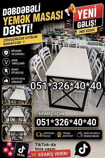 stul restoran: Mətbəx üçün, Yeni, Açılmayan, Dördbucaq masa, 6 stul — 4