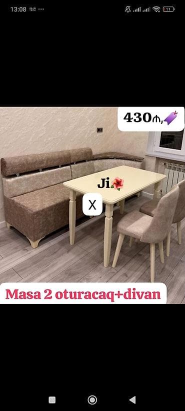 Mətbəx dəsti: masa + 2 oturacaq + künc divan - Komplekt: krem rəngdə — 1