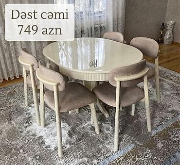 Yemək otağı üçün 1 masa + 6 stul dəsti - Oval formalı, krem rəngli
