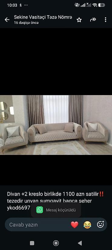 divan satisi: Divan +2 kreslo birlikde 1100 azn satilir‼️tezedir unvan sumqayit — 1
