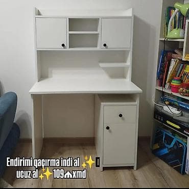 Sifarişlə ofis mebeli: Ağ rəngdə funksional yazı/kompüter masası - Yuxarı hissədə iki qapalı — 2