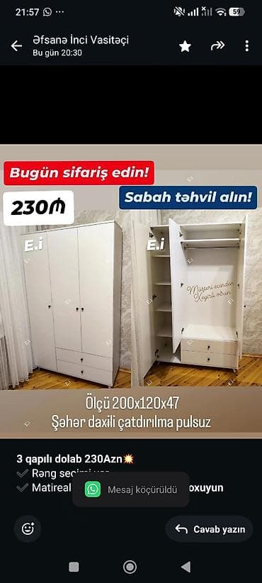 Мебель на заказ: *3 qapılı dolab 230Azn💥* ✔️ Rəng seçimi var ✔️ Matireal Rusiya — 1