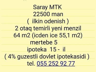 sumqayitda ev satilir: Saray MTK – 2 otaqlı, təmirli yeni mənzil - Ümumi sahə: 64 m² (daxili — 2