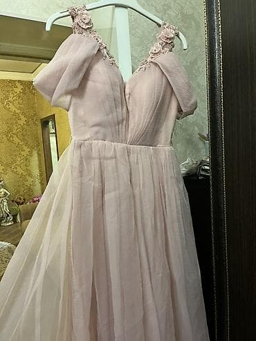 donlar toy ucun: Zərif pudra rəngli uzun ziyafət donu - Model: A-kesimli, uzun ətəkli — 6