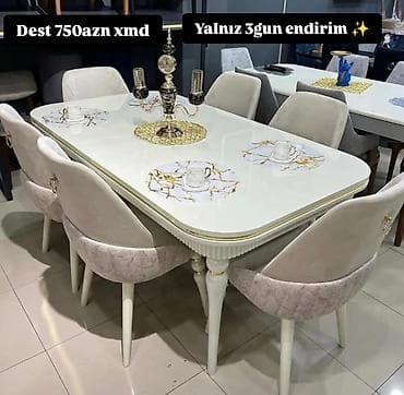 Yemək otağı dəsti – masa və 6 stul - Zərif, parlaq krem/ağ masa üstü