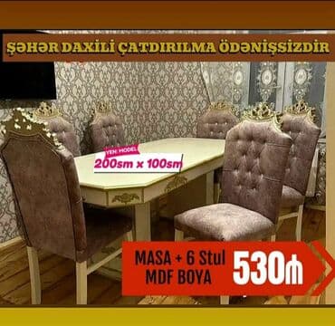 stol ucuz: Qonaq otağı üçün, Yeni, Açılmayan, Dördbucaq masa, 6 stul — 1