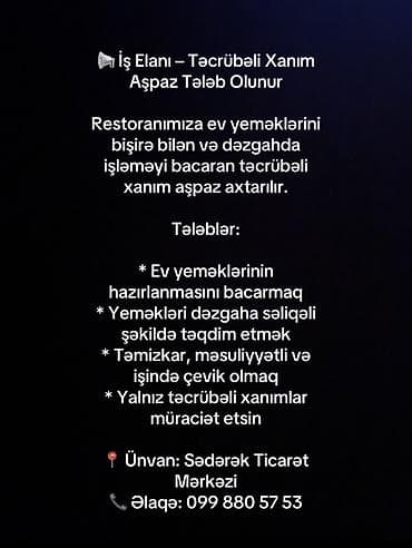 xırdalanda dayə işi: Aşpaz tələb olunur, İsti sex — 1