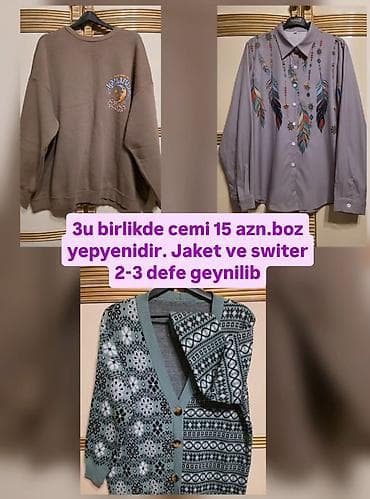 Qadın geyim dəsti – 3 məhsul bir yerdə. - Boz oversize svitşört: sinə