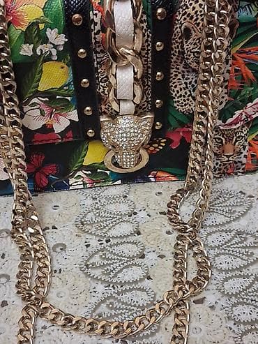 женские сумки с декоративным ремнем: Rəngarəng naxışlı qadın çantası – tropik flora və leopard motivləri — 3