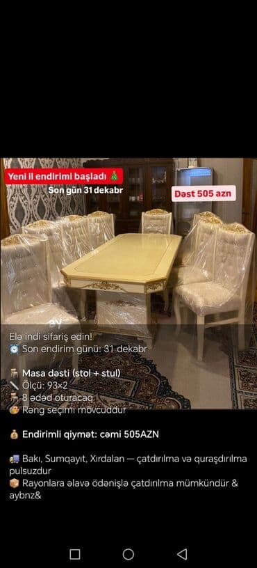 Masa və oturacaq dəstləri: Qonaq otağı üçün, Yeni, Açılmayan, Dördbucaq masa, 6 stul — 4