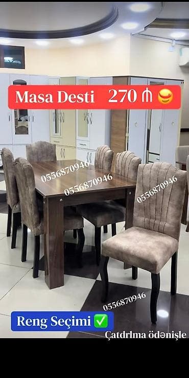 Qonaq otağı üçün, Yeni, Açılmayan, Dördbucaq masa, 6 stul
