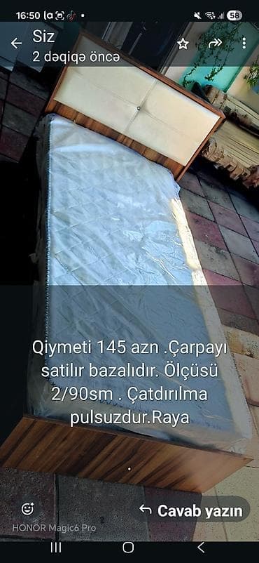 Çarpayı – bazalı model - Ölçü: 90×200 sm (2/90 sm qeyd edilib) -