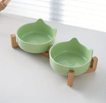 agilli yem qabi: Yeni, pişik və it yemək və su qabısı. ikili keramik qab taxta altlıqla — 1