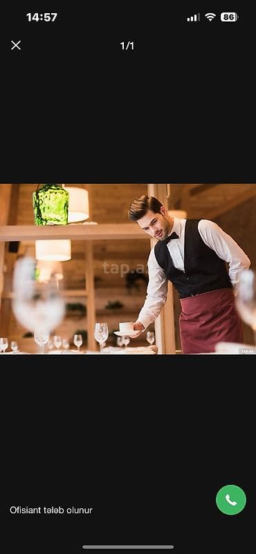 part time operator: Ofisiant tələb olunur, Restoran, Ayda 2 dəfə ödəniş, 18-29 yaş, 1 ildən az təcrübə — 1