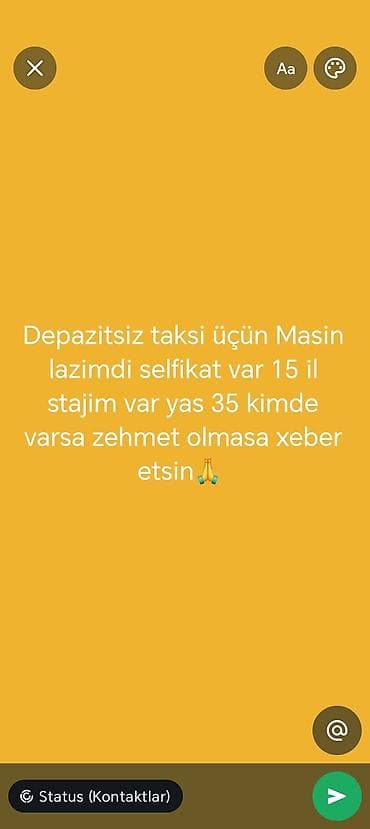 Taksi sürücüsü tələb olunur, Avtomobilin icarəsi, 6 ildən artıq təcrübə