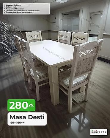 perla stul: Məhsul: Masa Dəsti - Ölçü: 90×160 sm - Komplekt: 1 ədəd masa + 6 — 1