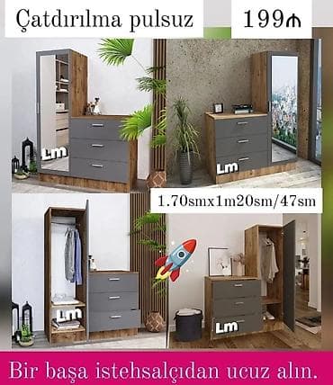 1 qapı, Güzgülü, Rəngli, Digər material, Açılan, Düz dolab
