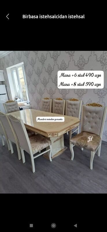 fırlanan stollar: Mətbəx üçün, Yeni, Açılmayan, Dördbucaq masa, 6 stul — 6