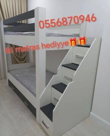 двуспальная кровать с подъемным механизмом: Для девочки и мальчика, Новый, Кровать, С матрасом, С выдвижными ящиками, Ламинат — 2