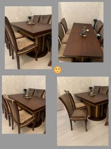 stol desdi: Qonaq otağı üçün, İşlənmiş, Açılan, Dördbucaq masa, 6 stul — 1