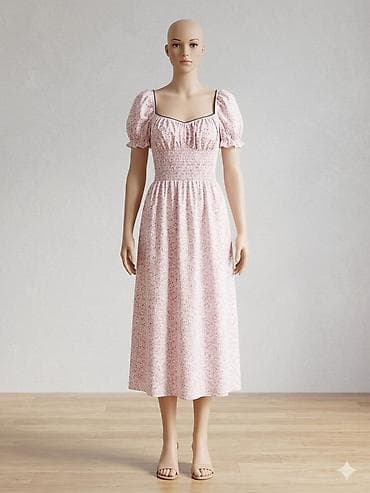 Qızılı-çəhrayı rəngli, xırda çiçək naxışlı midi don. - Model: kvadrat