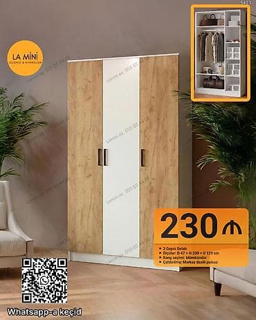 3 qapılı, Digər rəng, Taxta, Açılan, Düz dolab