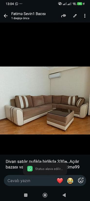 pufik divan: Divan satılır pufiklə birlikdə 330₼. Açılır bazası var.Ünvan — 1