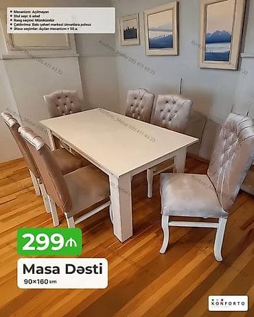 oturaca: Masa dəsti – 90×160 sm - Dəst tərkibi: 1 masa + 6 stul - Mexanizm — 1
