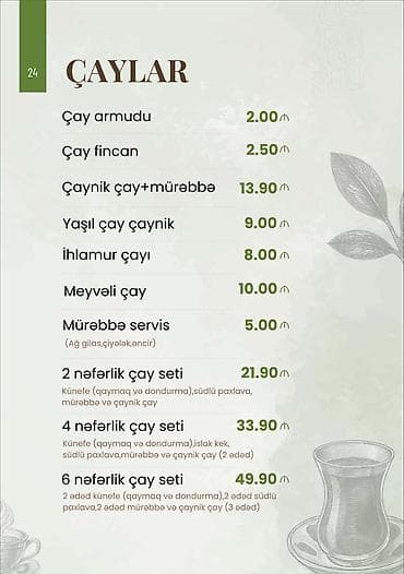 3 reqemi: Məhsul: Çaylar və çay setləri menyusu Təkliflər: - Çay armudu – 2.00 — 1