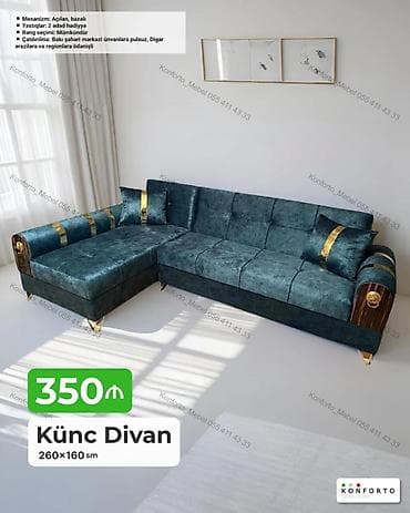 Künc divan – 260×160 sm - Mexanizm: açılan, bazalı - Yastıqlar: 2