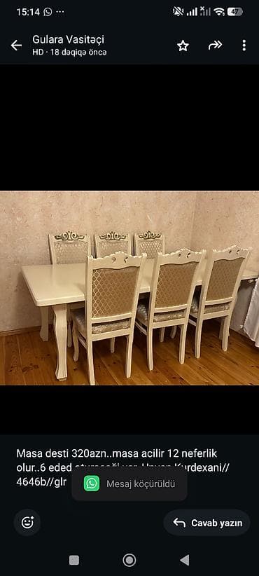 12 nəfərlik: Masa desti 320azn. masa acilir 12 neferlik olur. 6 eded oturacaği var — 1