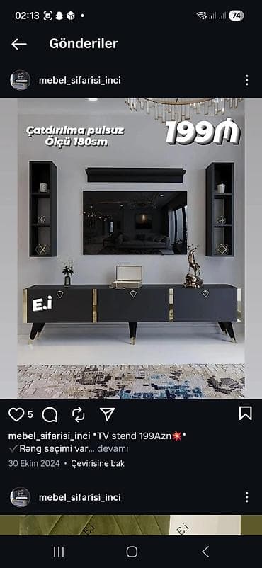 televizor altdigi: TV stend dəsti – 199 AZN • Ölçü: 180 sm • Çatdırılma pulsuz • Rəng — 1
