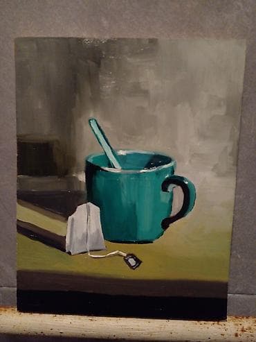 katarina cayı: Orijinal rəsm əsəri – “Fincan və çay paketi” still-life. 21x17sm Taxta — 1