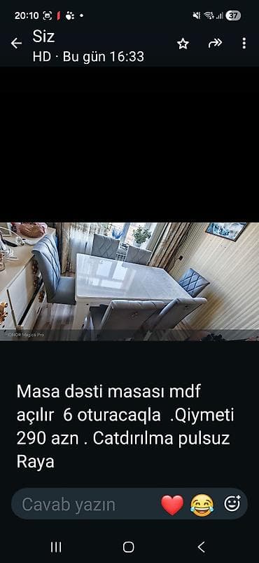 kuxna ucun: MDF materialdan açılan masa dəsti – 6 ədəd oturacaqla. - Rəng: ağ — 1