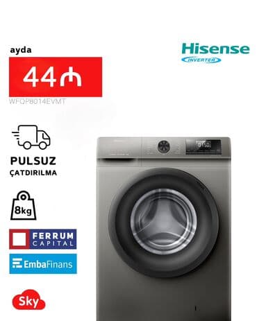 Paltaryuyan maşın Hisense, 8 kq, Yeni, Avtomat, Qurutma var, Kredit var, Pulsuz çatdırılma
