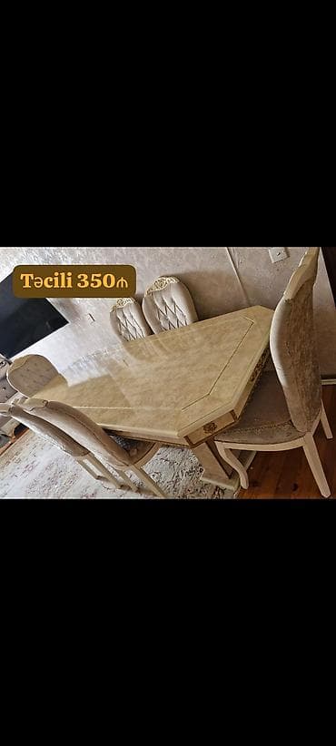 tabletka stul: Qonaq otağı üçün, İşlənmiş, Dördbucaq masa, 6 stul — 1