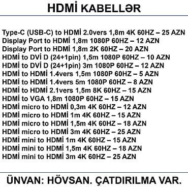 dvi kabel: HDMİ DVİ VGA Display Port Type-C USB Kabellər 📍Ünvan: Bakı şəh — 8