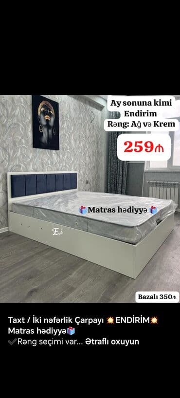 yataq dosekleri: 📌Taxt çarpayı 📏Olcu 2x160 💶Qiymet 259azn dən başlayan qiymətlər — 1