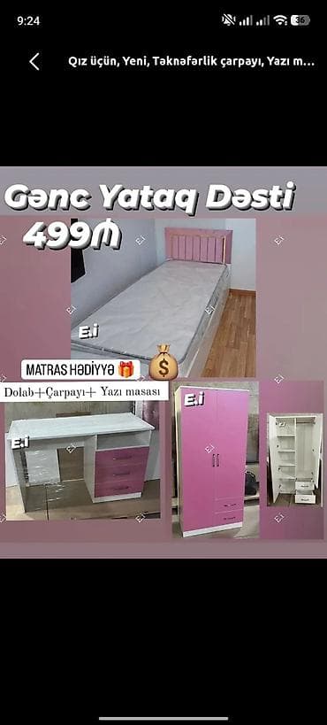 Gənc yataq dəsti – qızlar üçün Komplekt: - Tək nəfərlik çarpayı -