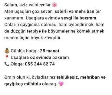 Salam, əziz valideynlər. Mən uşaqları çox sevən, səbirli və mehriban lalafo.az -da Salam, əziz valideynlər. Mən uşaqları çox sevən, səbirli və mehriban