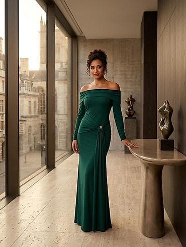 don: Zümrüdı-yaşıl rəngdə zərif axşam geyimi - Model: off-shoulder (açıq — 2