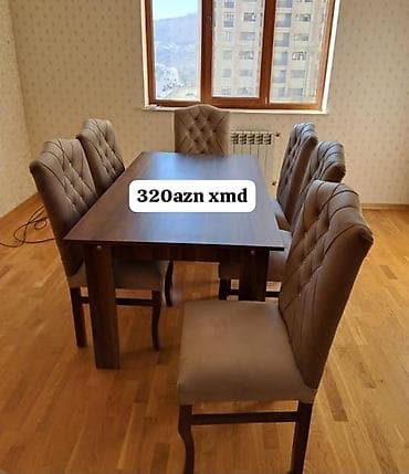 kafe stolu: Yemək otağı dəsti - Komplekt: 1 masa + 6 stul - Rəng: tünd qəhvəyi — 1