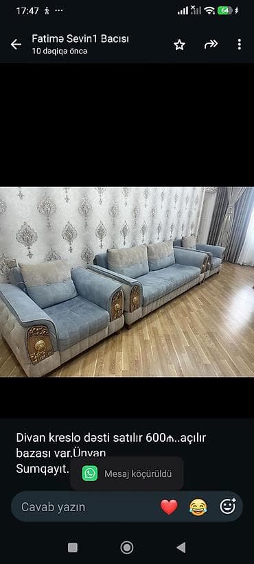 divan satisi: Divan kreslo dəsti satılır 600₼. açılır bazası var.Ünvan — 1