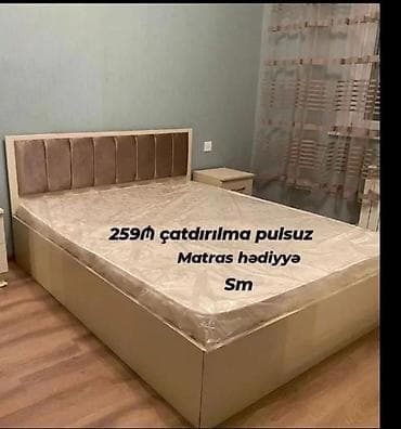 taxt tumba: Yataq dəsti – klassik dizayn, neytral açıq rəngdə. Yatağın başlılığı — 1