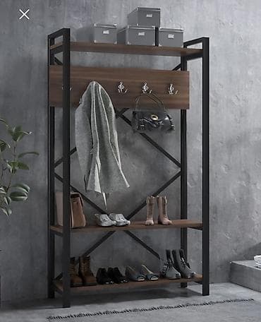 dehlız dolabı: Çox az istifadə olunub. Sənaye üslubunda giriş dolabı/askılıq və rəf — 2