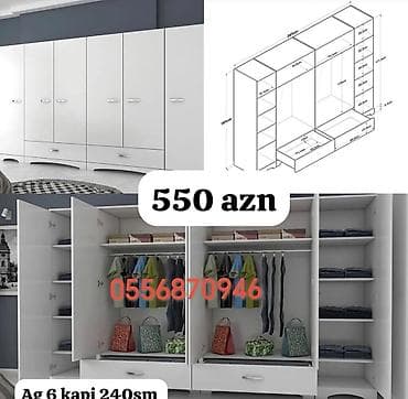 islenmis skaf: Yeni, 6 qapı, Güzgülü, Bej, Digər material, Açılan, Düz dolab — 3