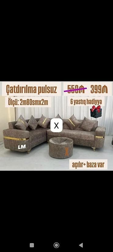 Mebel: Künc divan dəsti - Ölçü: 2 m 80 sm x 2 m - Açılır mexanizm + baza - 6 — 1